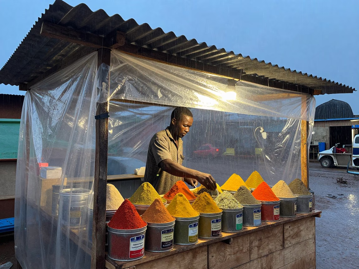 Dakar street vendor sheltering spices under plastic during dusk rain in in Dakar, Senegal
