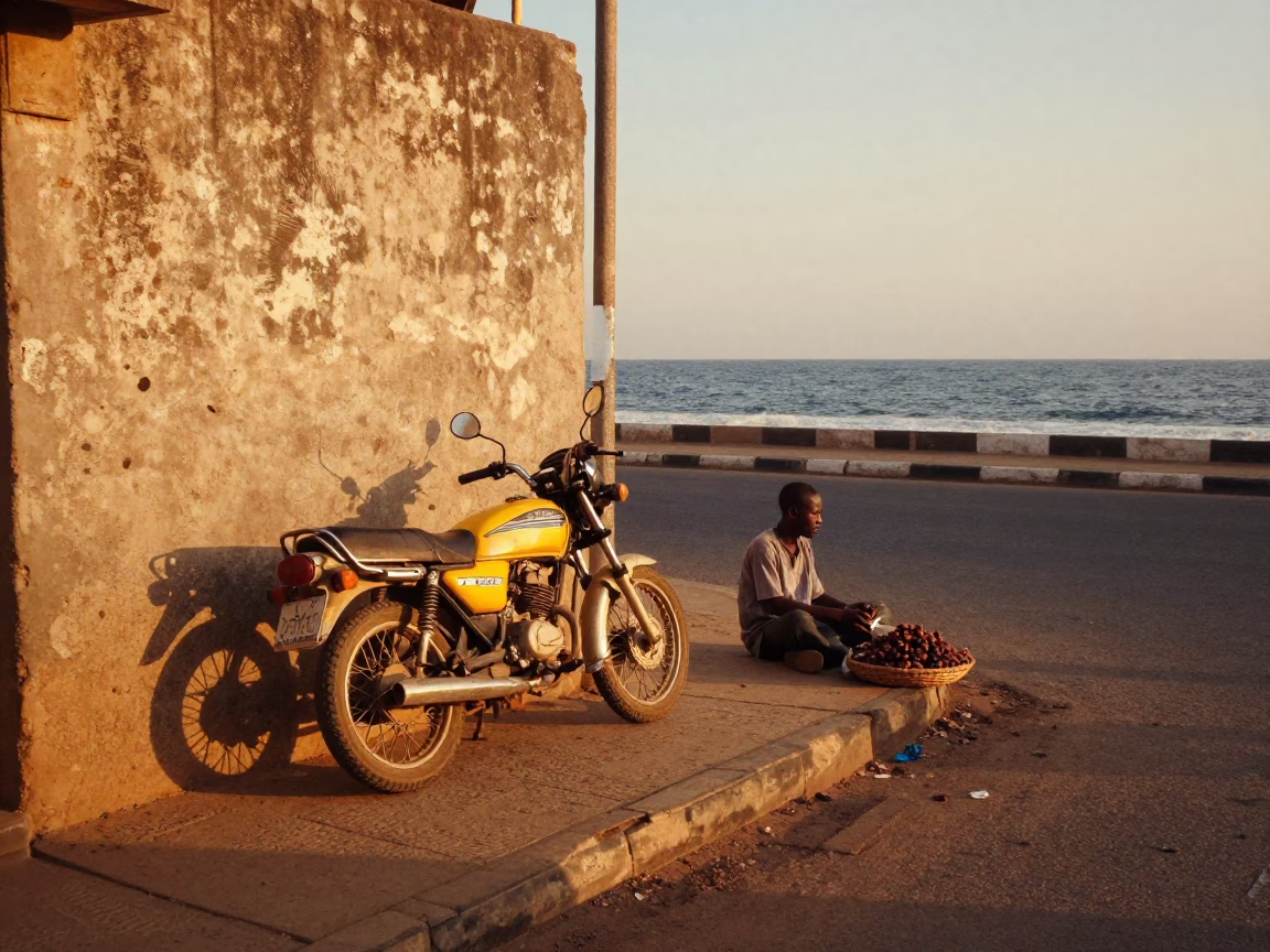 Dakar Sunset Street Scene with Motorcycle and Coastal Vibes in in Dakar, Senegal