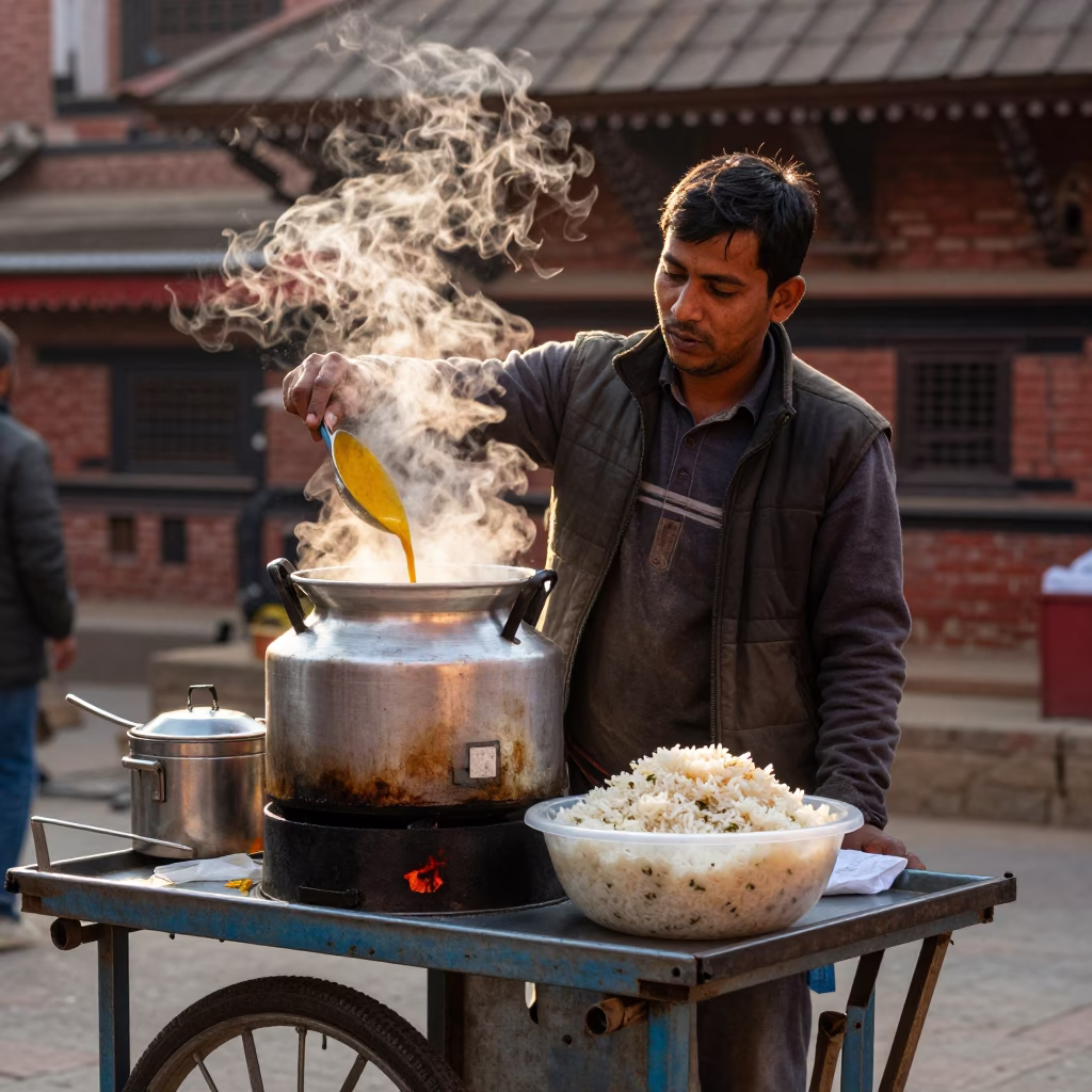 Dal Bhat at Clear Late-afternoon Light in Kathmandu in in Kathmandu, Nepal