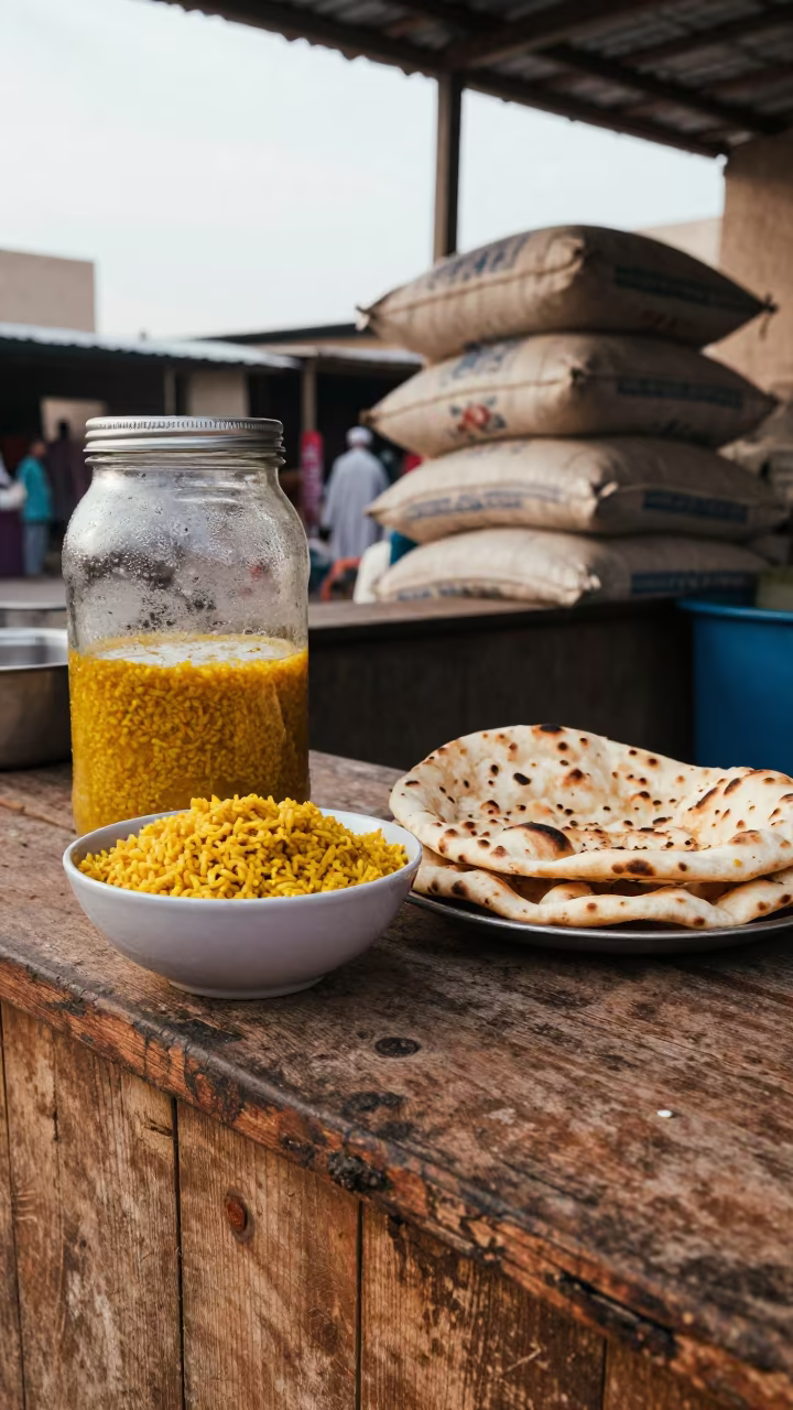 Dal and Naan on Al Hudaydah Market Counter in at a market stall counter in Al Hudaydah