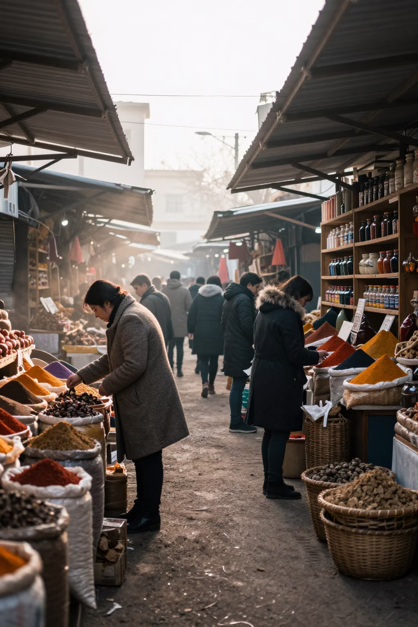 Dali Market Aisle Before Sunrise Winter Light in under a market canopy in Dali