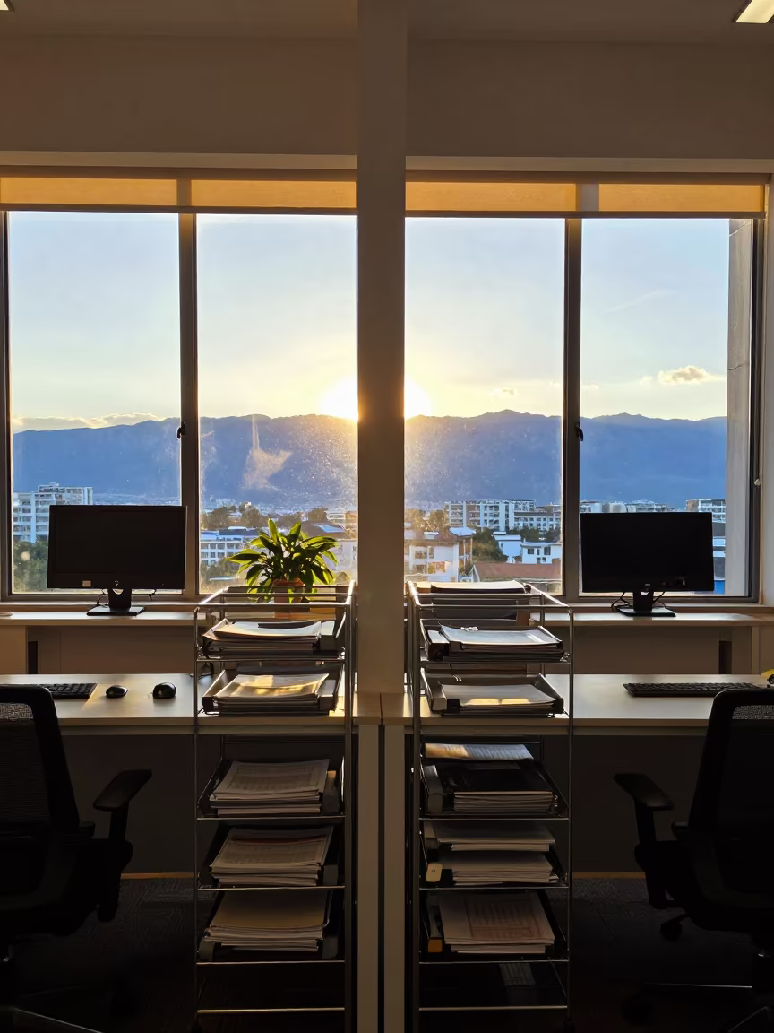 Dali Operations Center File Station Window View in in an operations center under monitor glow in Dali