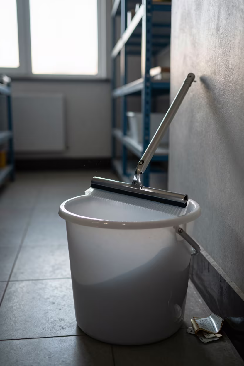 Dalian Fitting Room Squeegee Bucket Morning Reset in inside a fitting room corridor near Dalian