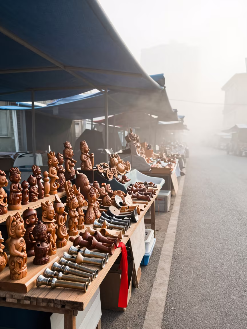 Dalian Flea Market Wooden Toy Stall Before Sunrise in in a flea market lane in Dalian