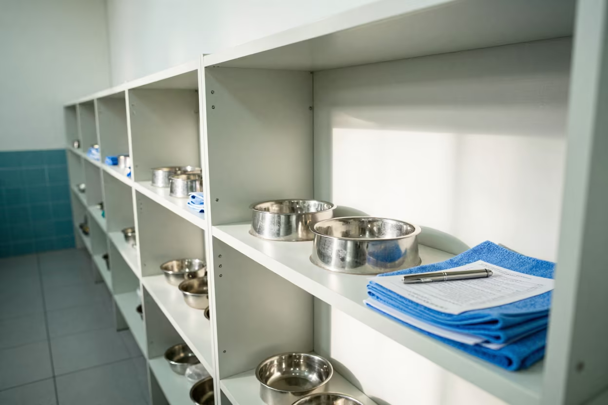 Dalian Kennel Grooming Shelf Before Intake in in a boarding kennel corridor near Dalian