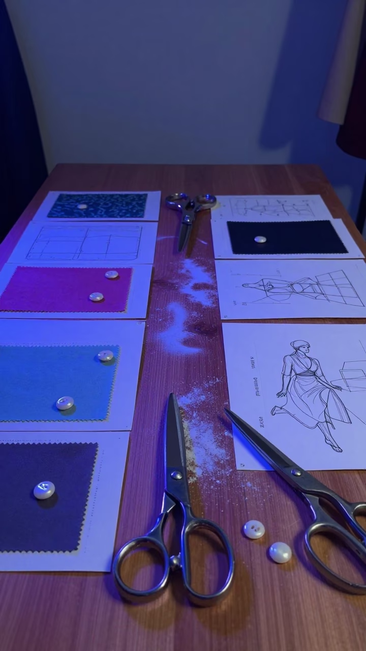 Dalian Tailoring Mood Board Neon Blue Hour in at a tailoring table strewn with chalk and shears in Dalian