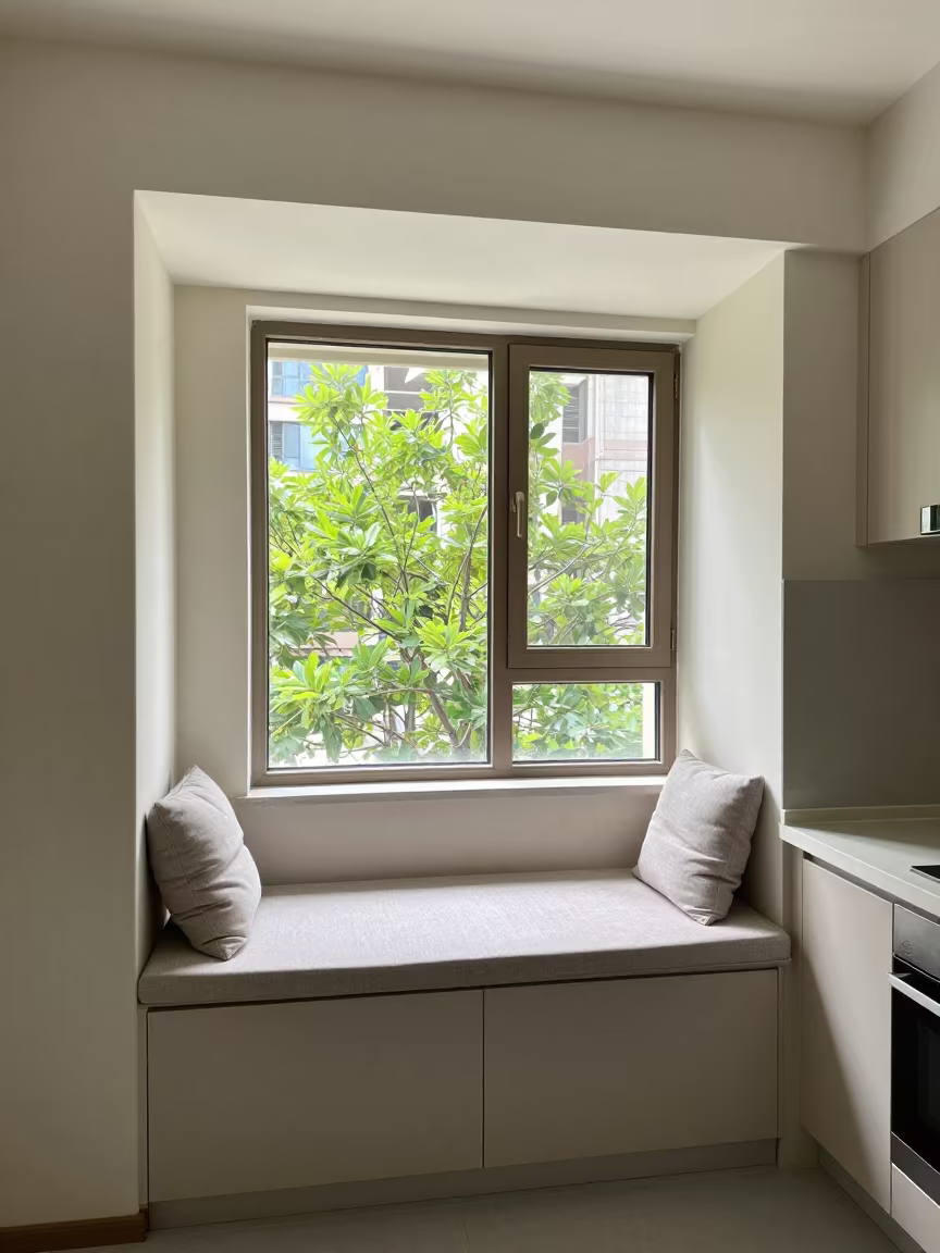 Dalian Window Seat with Cushions in Bright Light in on a window seat near Dalian