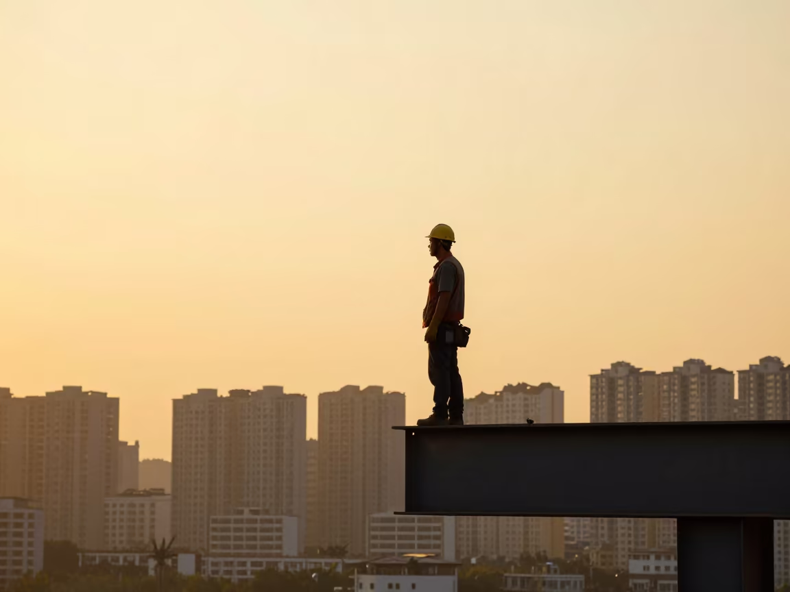 Dalian Worker on Steel Beam at Sunset in in Dalian