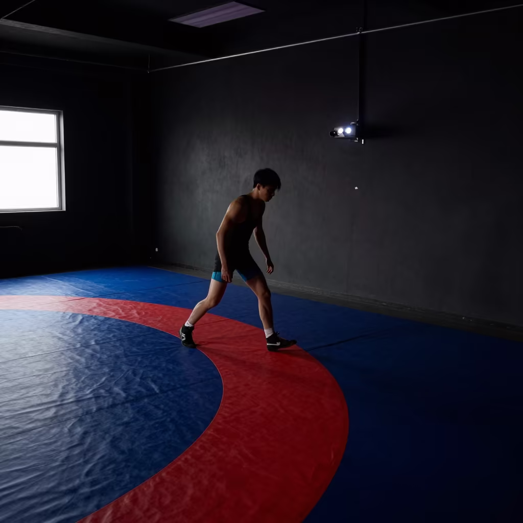 Dalian Wrestler Pacing Mat Edge Midnight in in a studio in Dalian