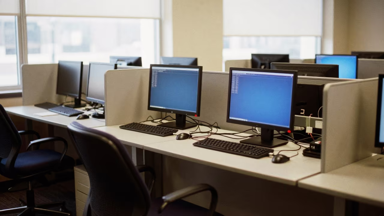 Dallas Office Standing Desks with Tangled Cables in in an operations center under monitor glow near Dallas