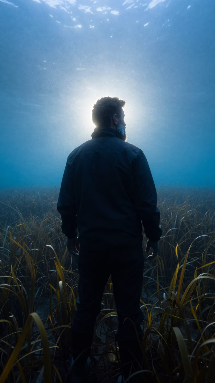 Dalmatian Crab Fisherman Backlit by Sunrise in above a seagrass meadow in Dalmatia