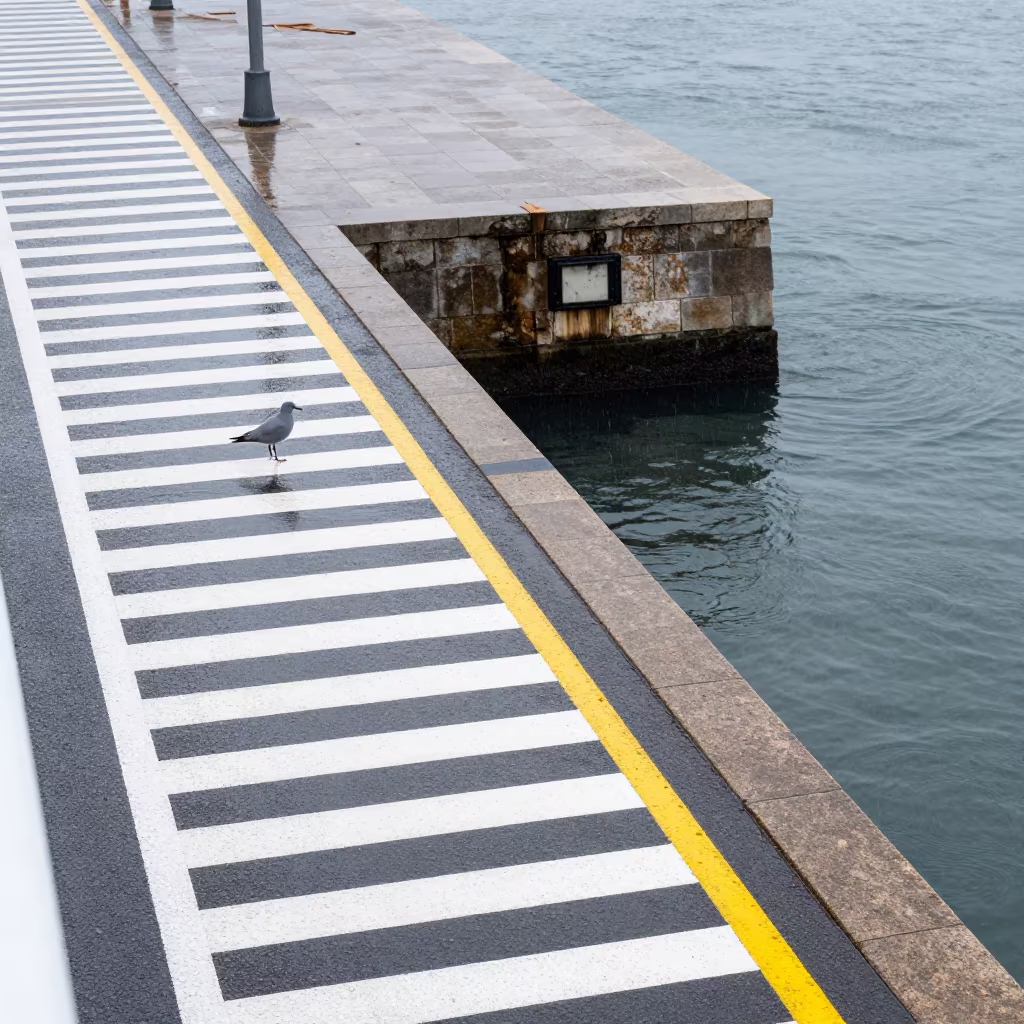 Dalmatian Drawbridge Markings in Winter Drizzle in beside a bridge pier above moving water in Dalmatia