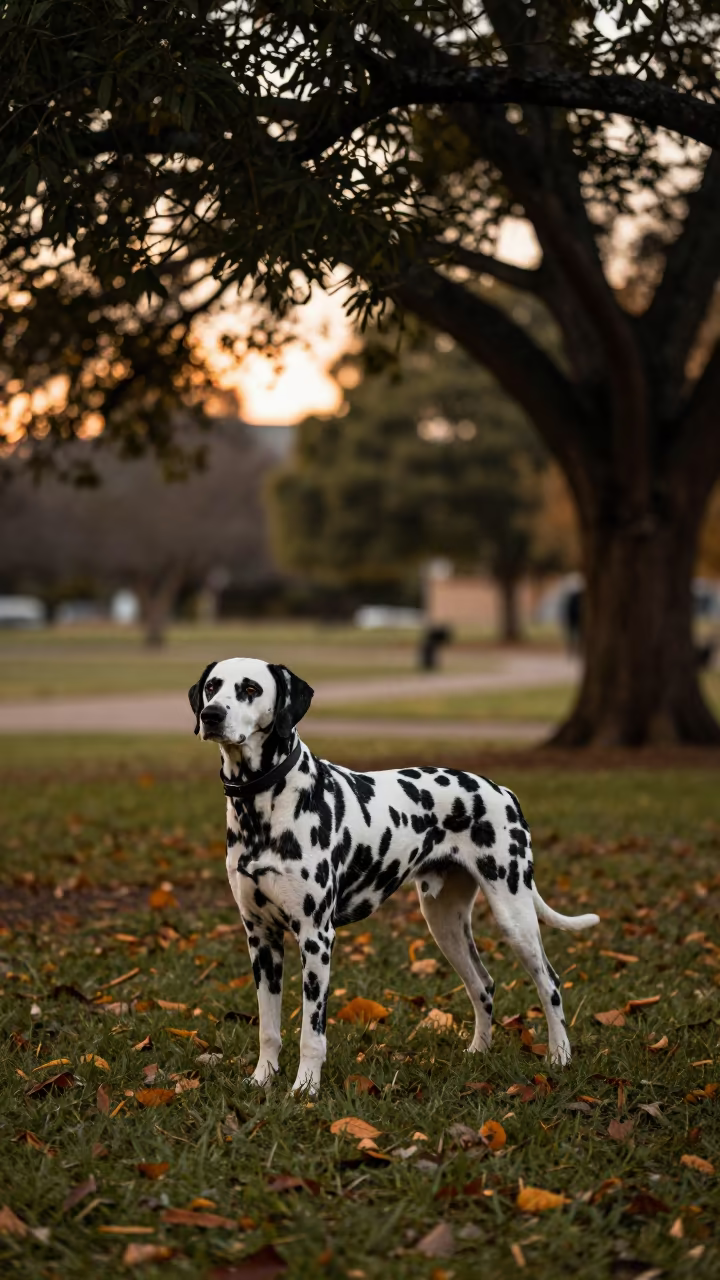 Dalmatian in Autumn Park After Rain in along a quiet park path with soft open shade and a clean background in Bloemfontein