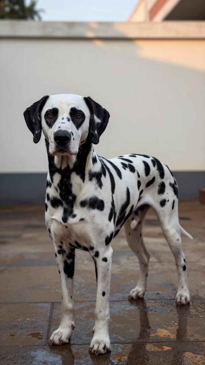Dalmatian in Tiruchirappalli Courtyard Wet Season in beside a plain courtyard wall in clear daylight with the animal at eye level near Tiruchirappalli