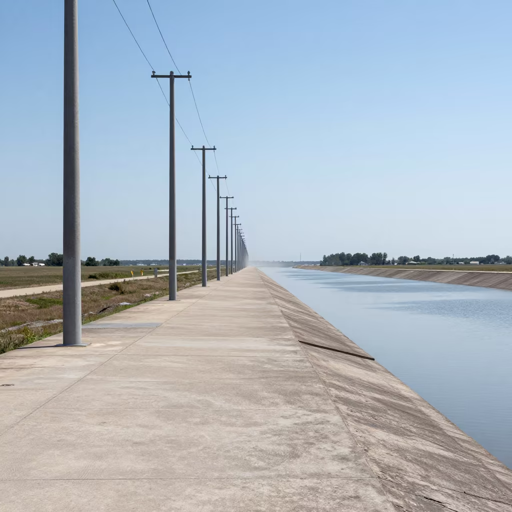 Dalmatian Levee Towpath Under Concrete Utility Poles in along a levee path above floodwater in Dalmatia