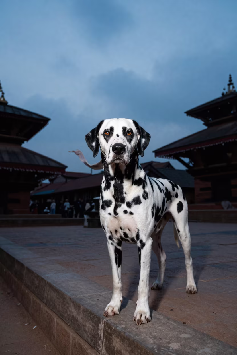 Dalmatian Portrait at Bhaktapur Garden Edge in near a garden edge with soft morning light and an uncluttered background in Bhaktapur