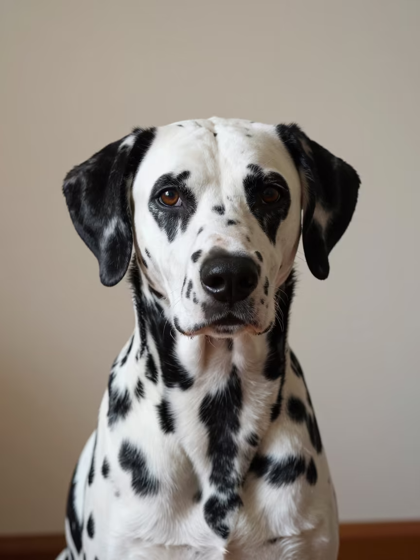Dalmatian Portrait Beside Plaster Wall in beside a plain plaster wall in soft indoor light with the animal centered in frame near Thane