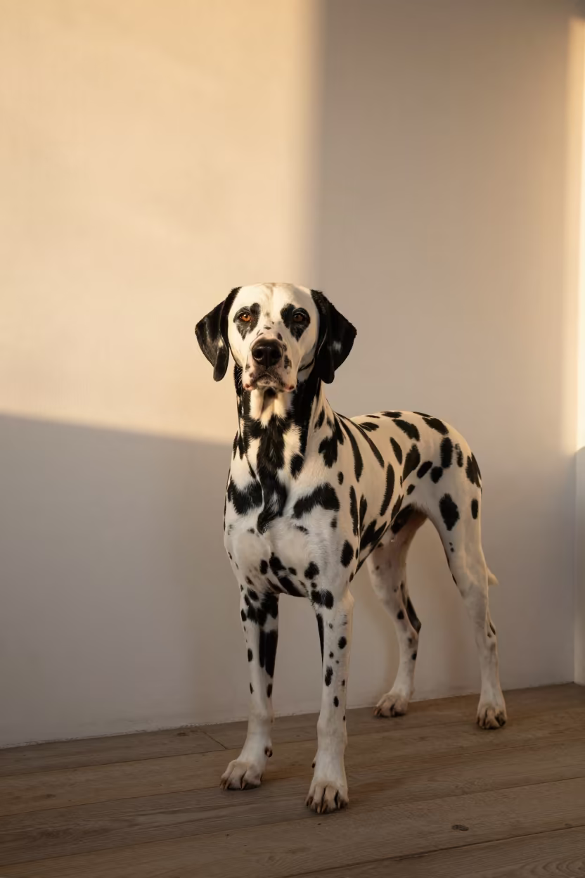 Dalmatian Portrait by Windsor Window Light in beside a plain plaster wall in soft indoor light with the animal centered in frame in Windsor