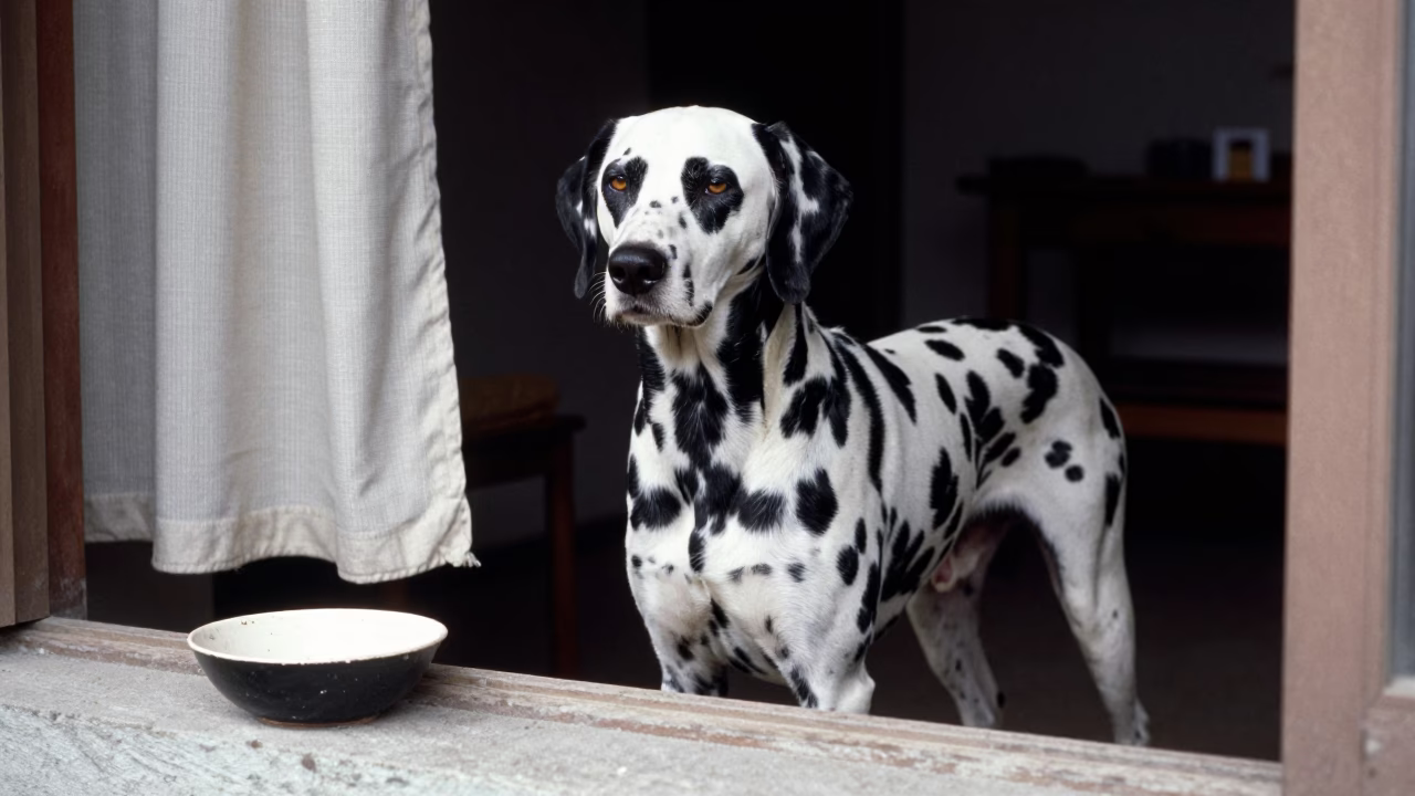 Dalmatian Portrait on Kaohsiung Porch 1974 in on a shaded front porch with boards, railings, and eye-level framing in Kaohsiung