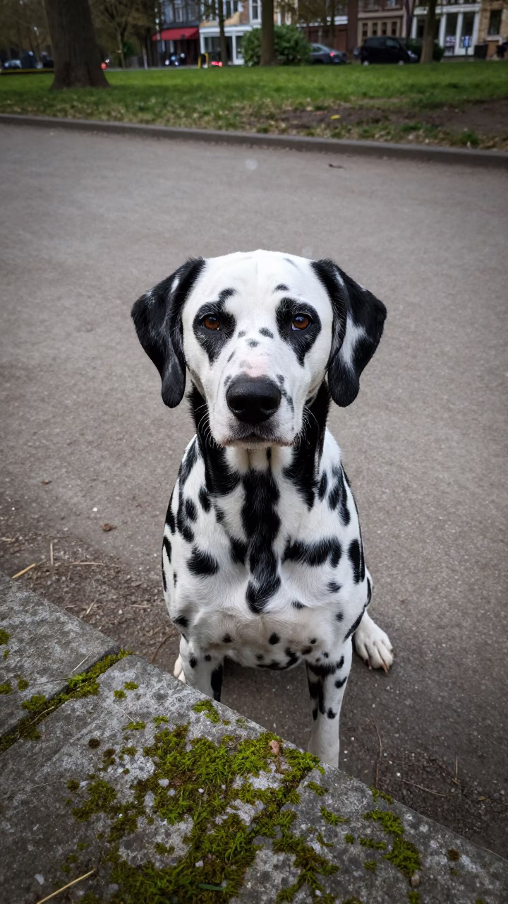 Dalmatian Portrait on Quiet Liège Park Path in along a quiet park path with soft open shade and a clean background in Liège