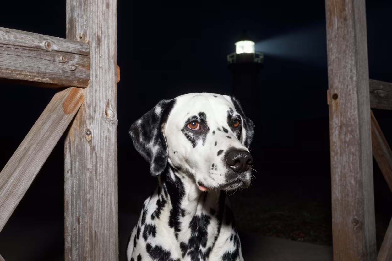 Dalmatian Portrait on Shaded Diyarbakir Porch in on a shaded front porch with boards, railings, and eye-level framing near Diyarbakir