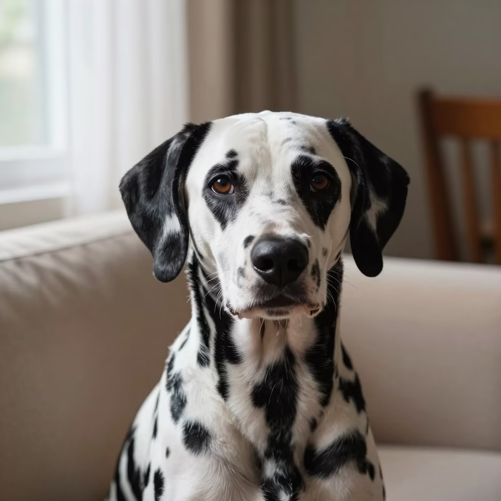 Dalmatian Portrait on Sofa Near Curtained Window in Lombok in on a sofa near a curtained window with calm indoor light in Lombok