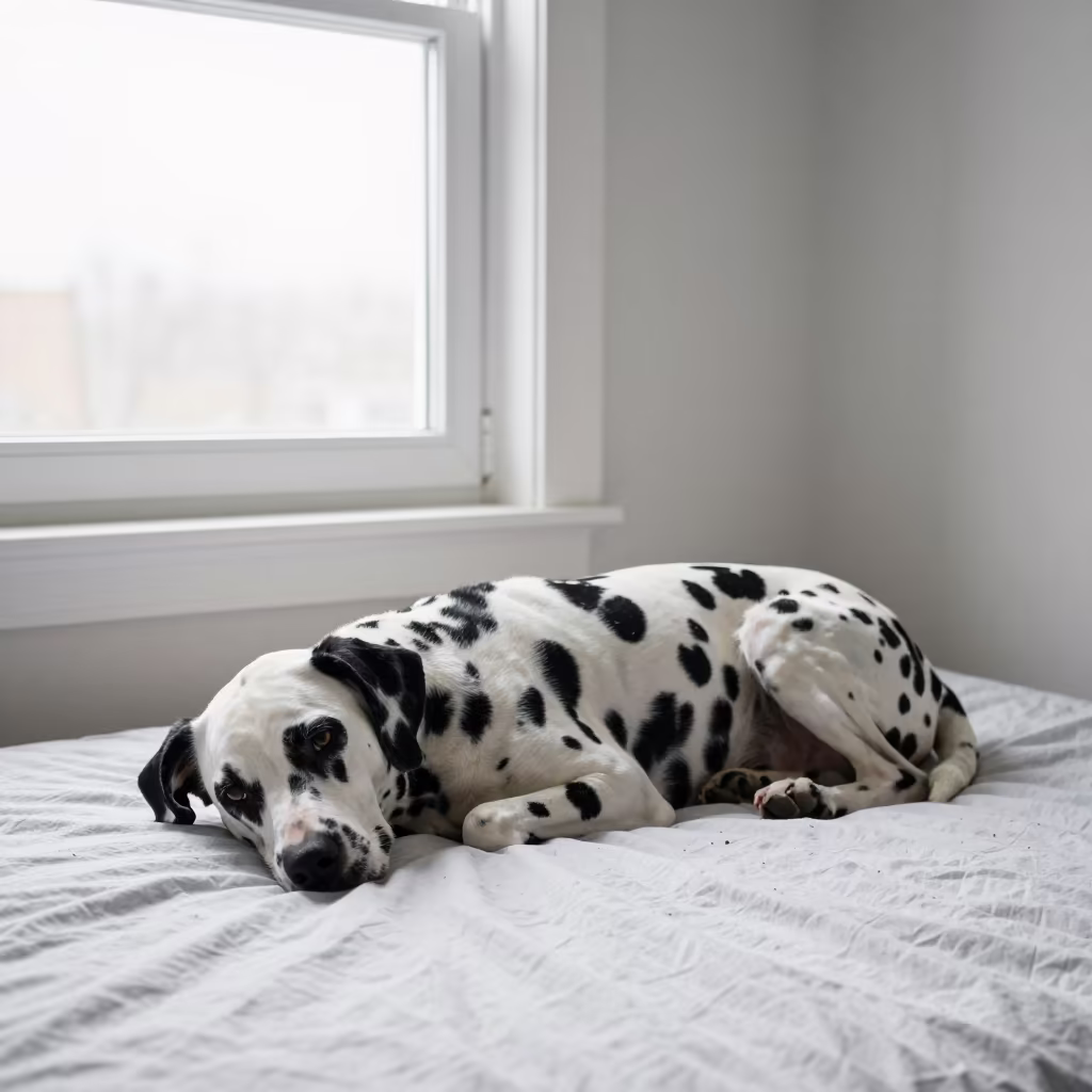 Dalmatian Resting on Bedspread Near Genoa Window in on a bedspread near a bright window with calm indoor light near Genoa