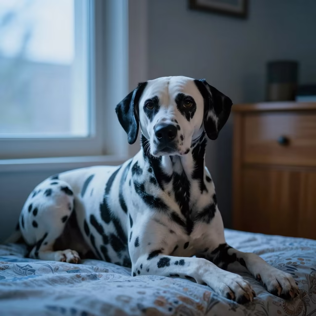 Dalmatian Resting on Bedspread Near Window in on a bedspread near a bright window with calm indoor light in Bangui