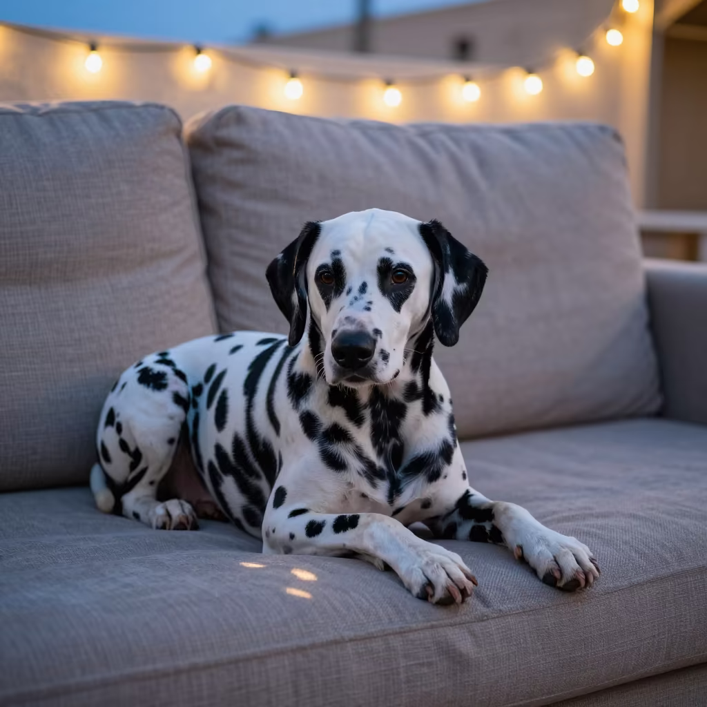 Dalmatian Resting on Linen Sofa in Baghdad Evening in on a linen sofa with daylight from a nearby window in Baghdad