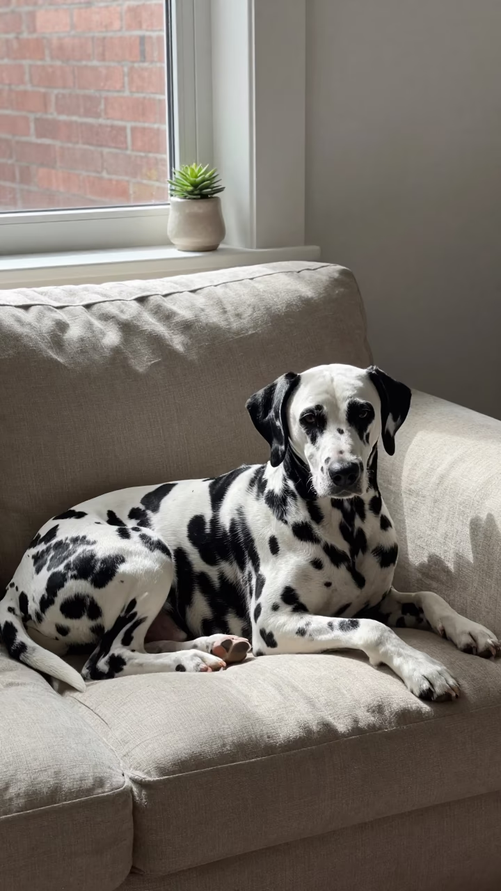 Dalmatian Resting on Linen Sofa in Roma Mexico City in on a linen sofa with daylight from a nearby window in Roma, Mexico City