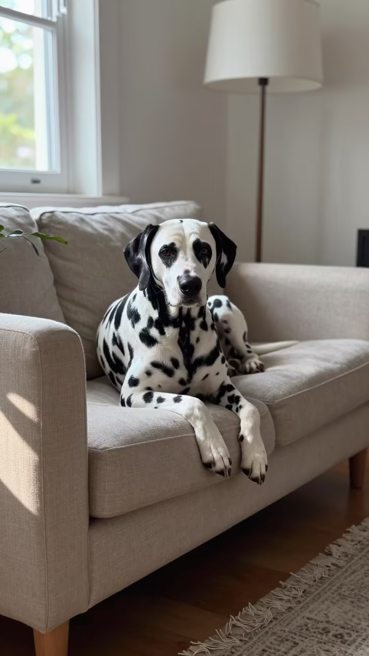 Dalmatian Resting on Linen Sofa in Santiago Home in on a linen sofa with daylight from a nearby window near Santiago de los Caballeros
