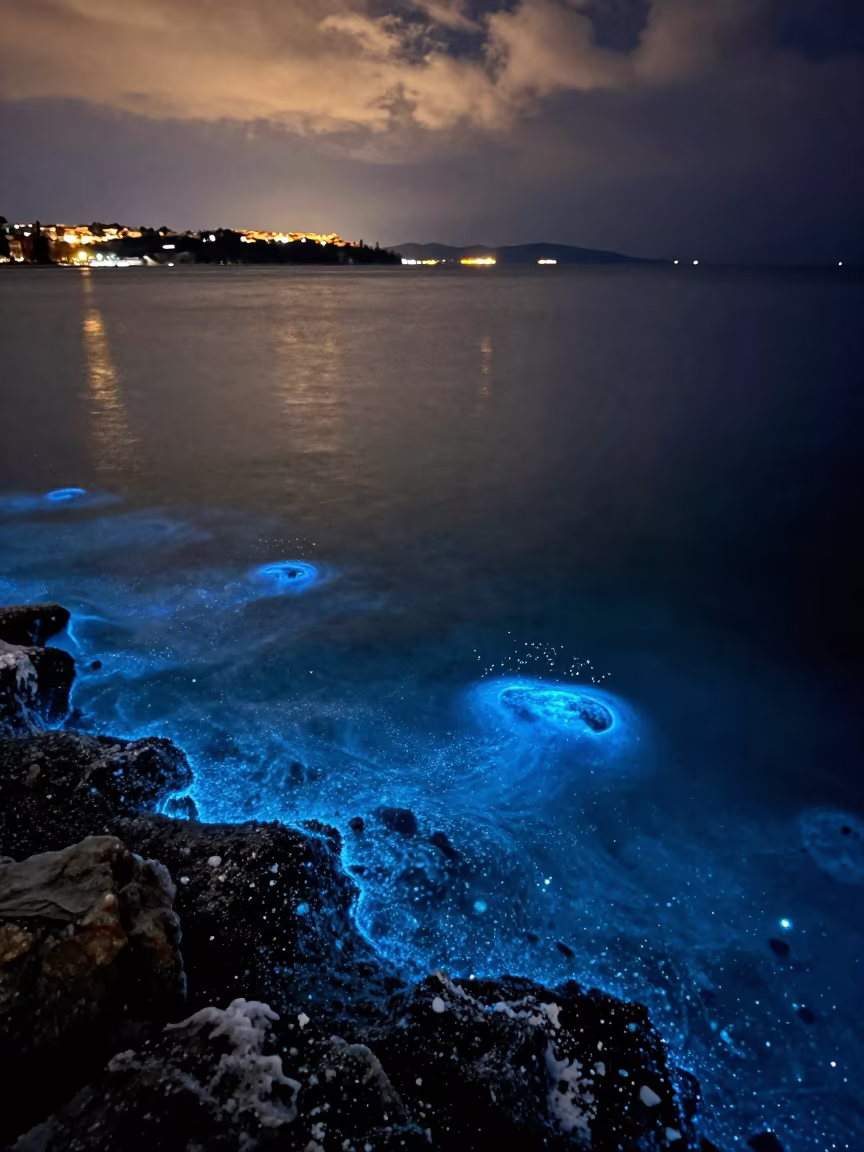 Dalmatian Winter Plankton Glow on Dark Shore in from a frost-hushed ridgeline in Dalmatia