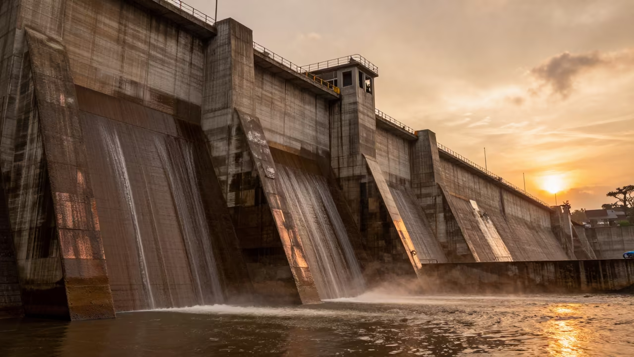 Dam Gallery Dripping Copper Light Before Dusk in above a spillway chute with spray rising in Siguiri