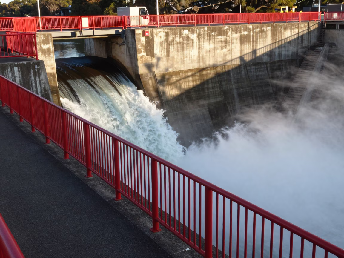 Dam Spillway Chute Boiling White Beneath Red Railings in Perth in in Perth, Western Australia, Australia