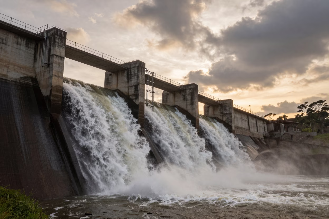 Dam Spillway Water Release at Sunset in beside a hydroelectric intake in Rio Grande do Sul