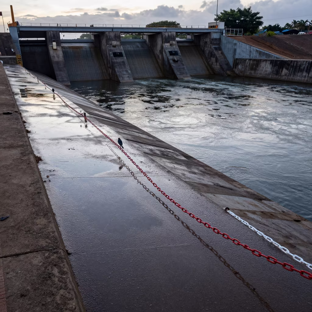 Dam Warning Chain Across Wet Steps at Dawn Angola in beside a hydroelectric intake in Angola