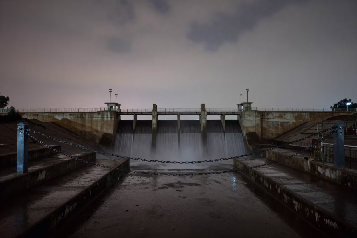 Dam Warning Chain on Wet Steps at Night in above a spillway chute with spray rising in Iran