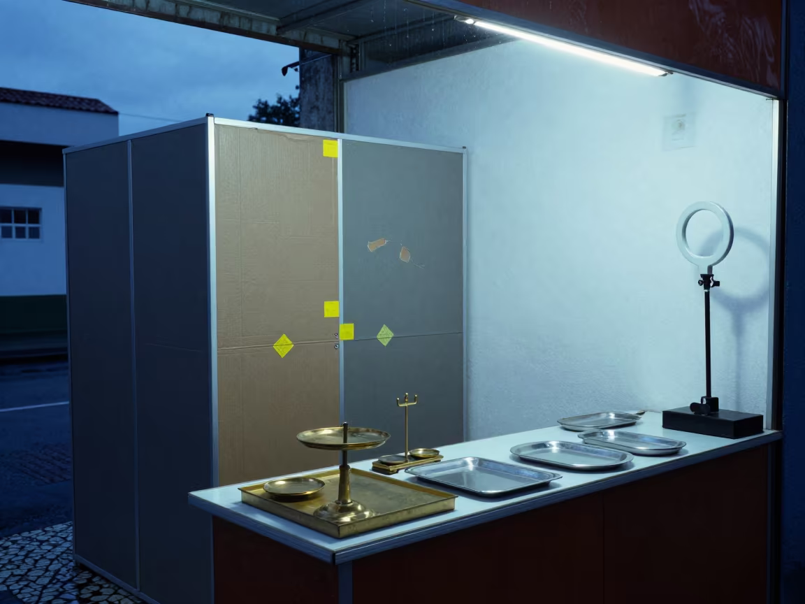 Damaged Booth Logistical Turnover in Jewel Stall in inside a jeweler's stall with brass scales and trays near Salvador