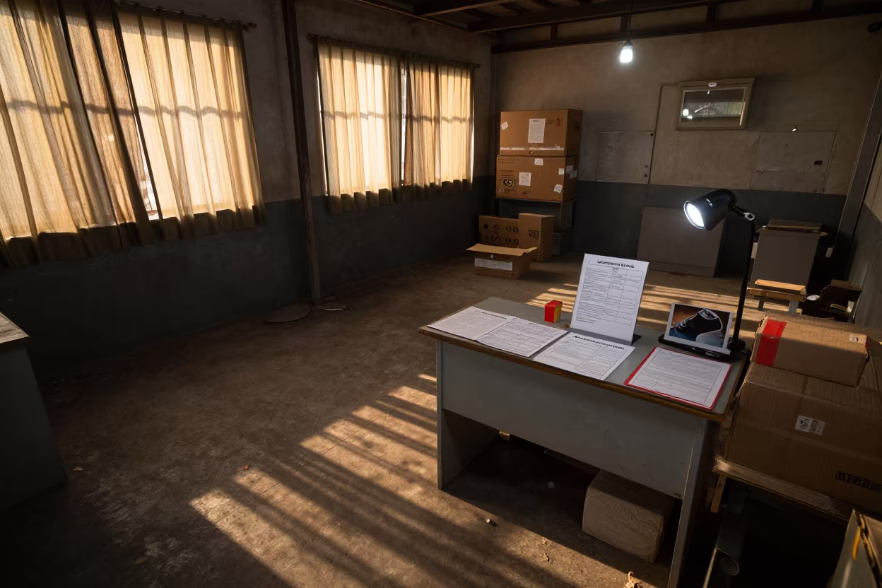 Damaged Goods Bay Inspection with Forms and Tape in inside a dispatch office above the dock in Jaranwala