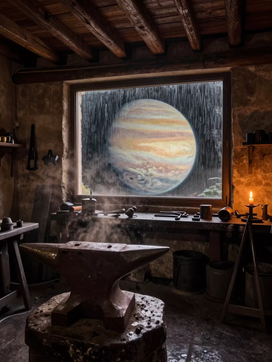 Damascus Anvil Under Ringed Planet in in an atelier in Damascus