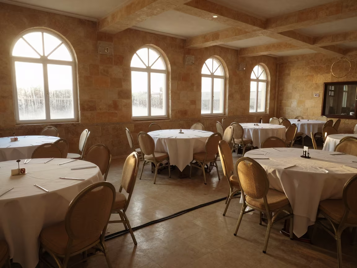 Damascus Banquet Hall Reset with Honeyed Light in inside a banquet hall before service in Damascus