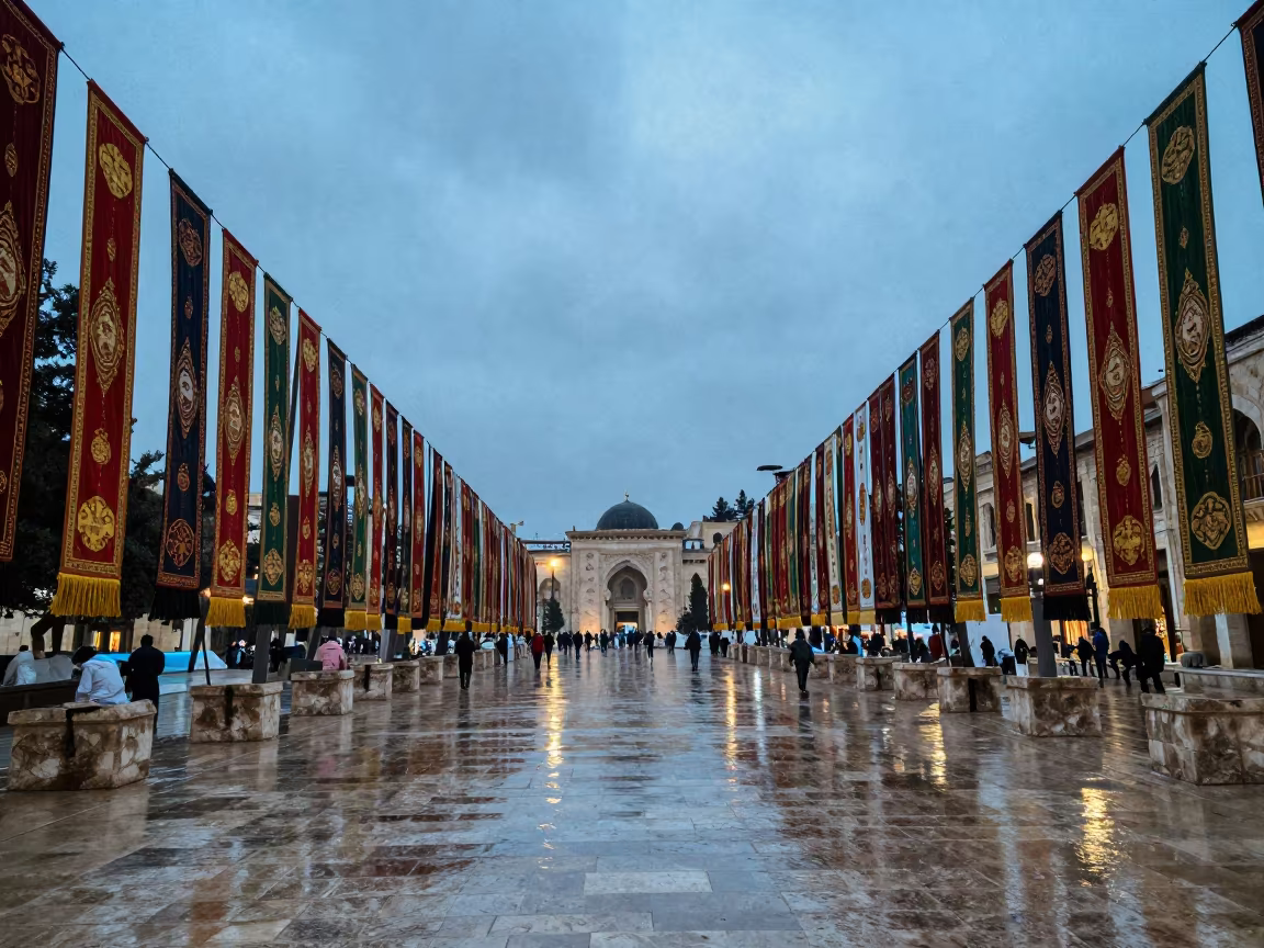 Damascus Festival Banners Drying in Evening Blue in at a public square during a festival in Damascus