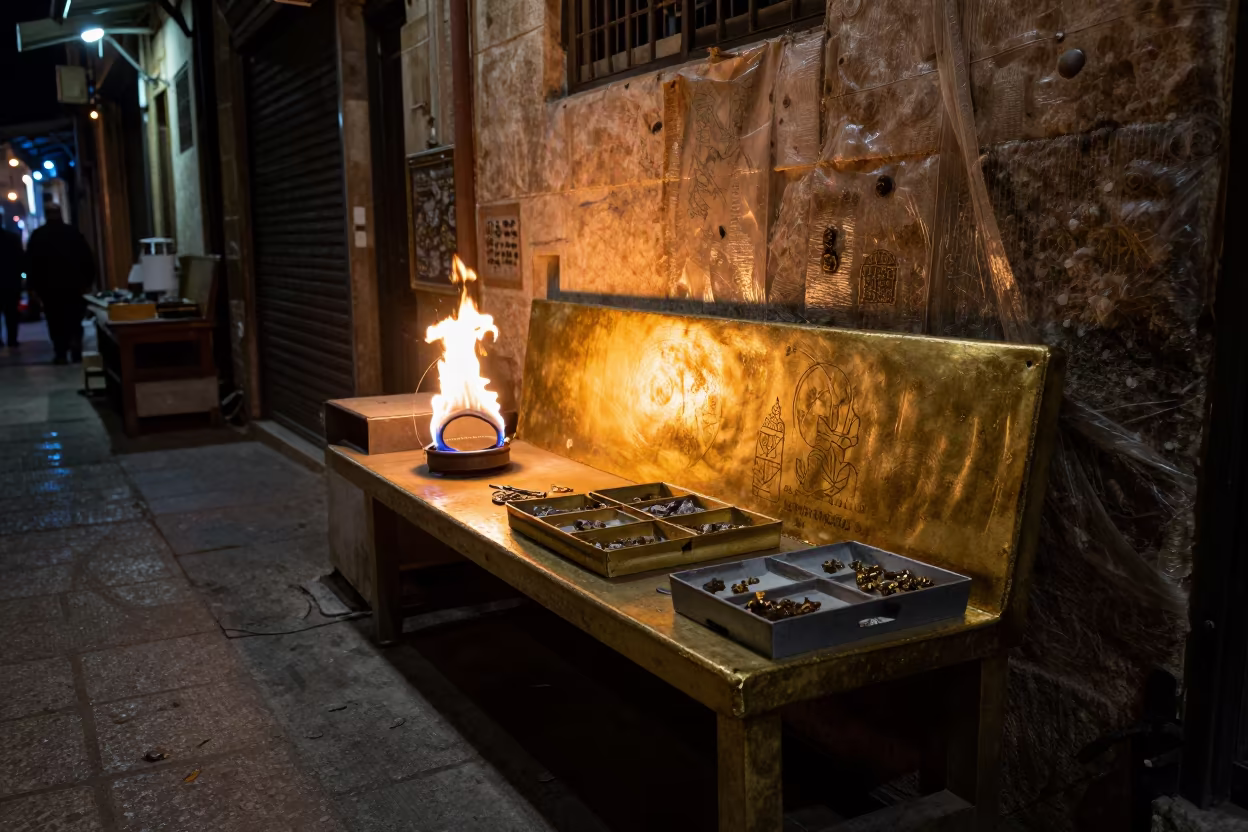 Damascus Goldsmith Bench Night Science Station in at a goldsmith bench in a bazaar jewelry lane in Damascus
