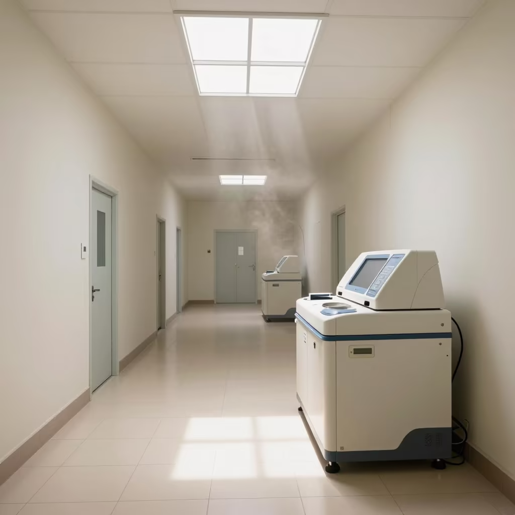 Damascus Hospital Lab Centrifuge Midday Reset in inside a hospital corridor in Damascus