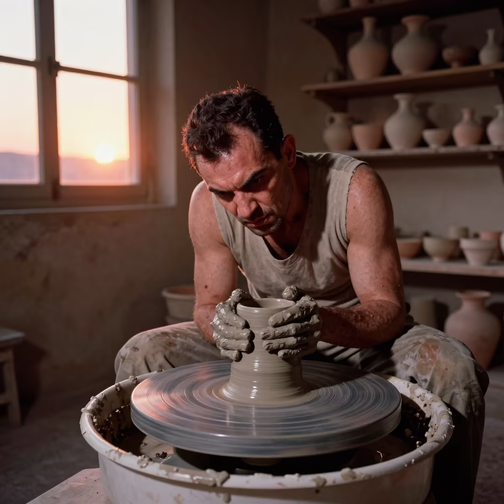 Damascus Potter Shaping Clay in Amber Light in in a workshop in Damascus
