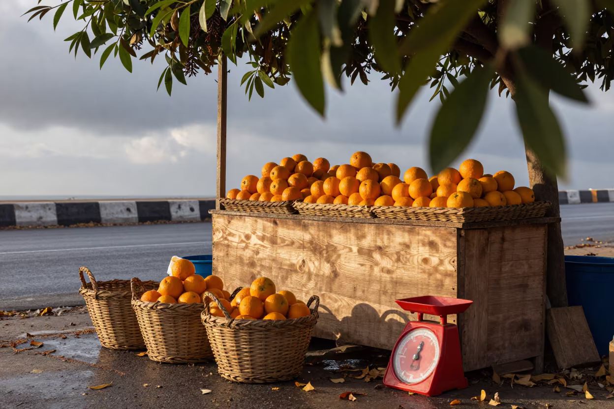 Damietta fruit stand morning market light in at a roadside fruit stand in Damietta