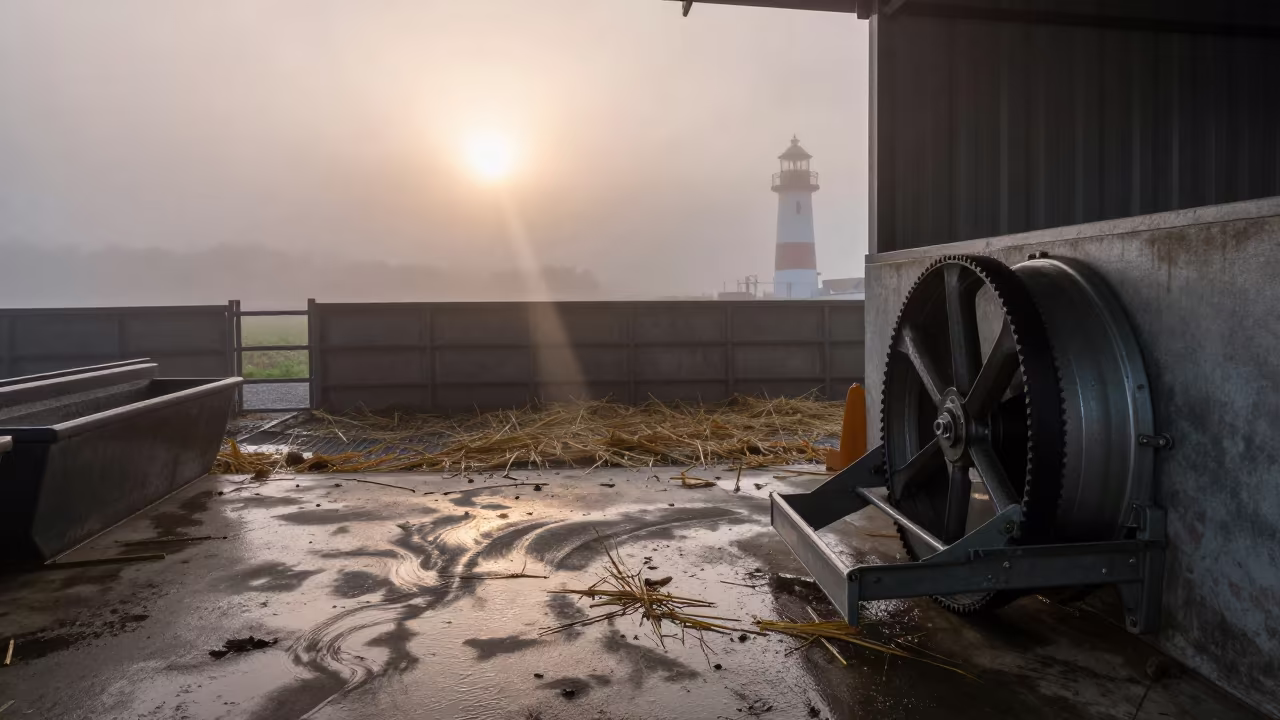 Damp Barn Fan Belt Drawer Monsoon Mist in near a windbreak and water trough in Chugoku