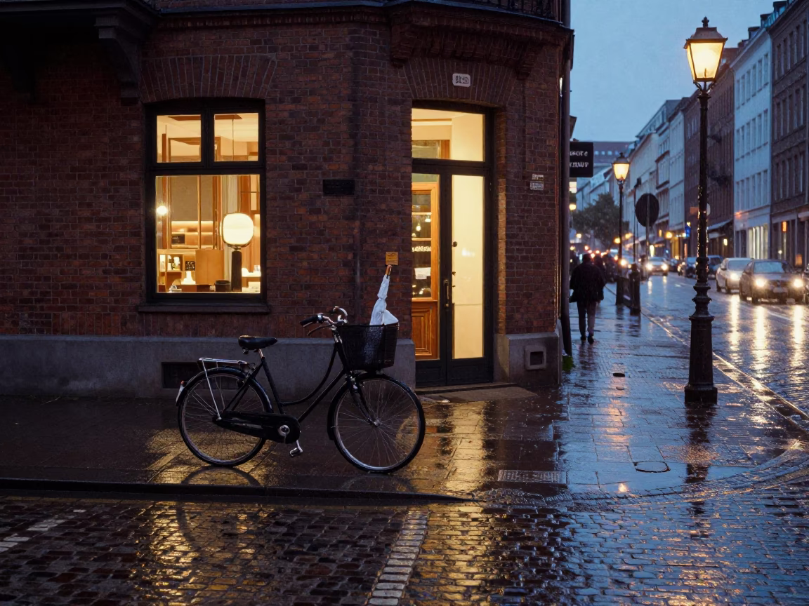 Damp Berlin Street Corner Dusk With Bicycle And Wet Pavement Reflections in in Berlin, Germany