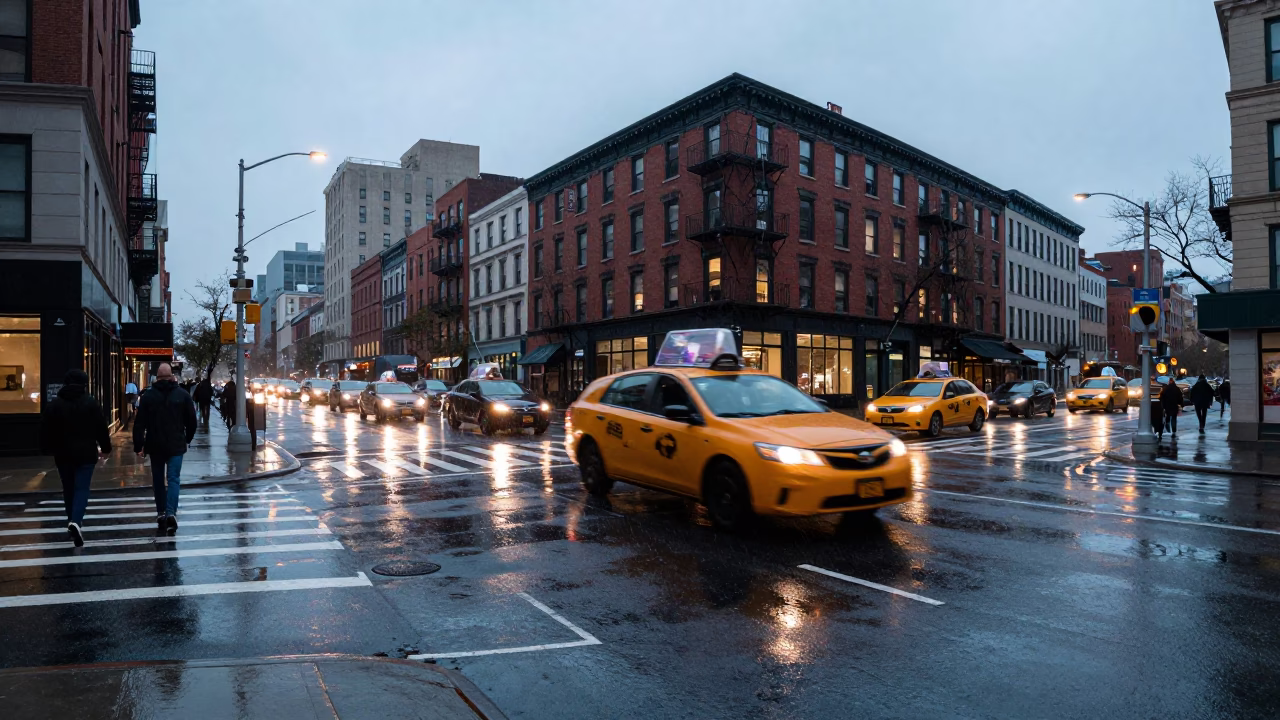 Damp City Street Corner at Dusk with Wet Pavement and Fading Light in in New York, New York, United States