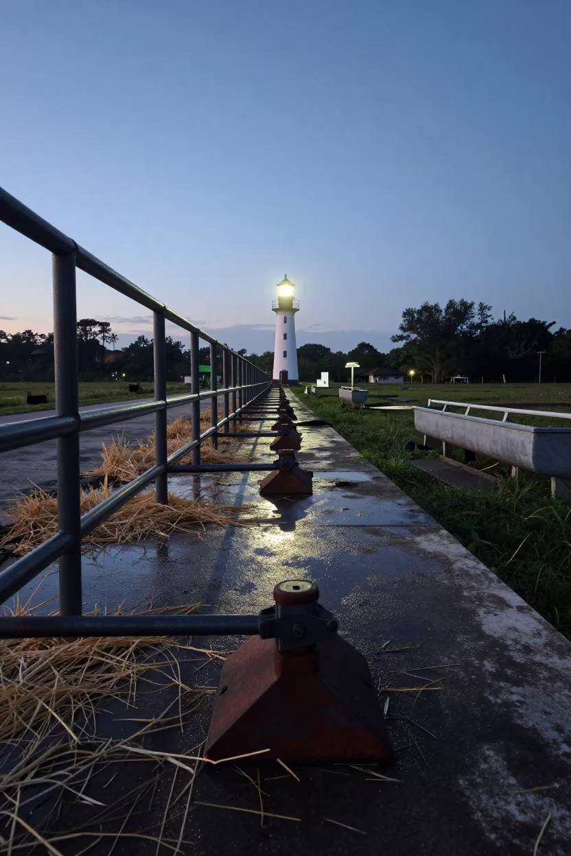 Damp Concrete Chock Under Dawn Lighthouse Light in near a windbreak and water trough in Malaysia